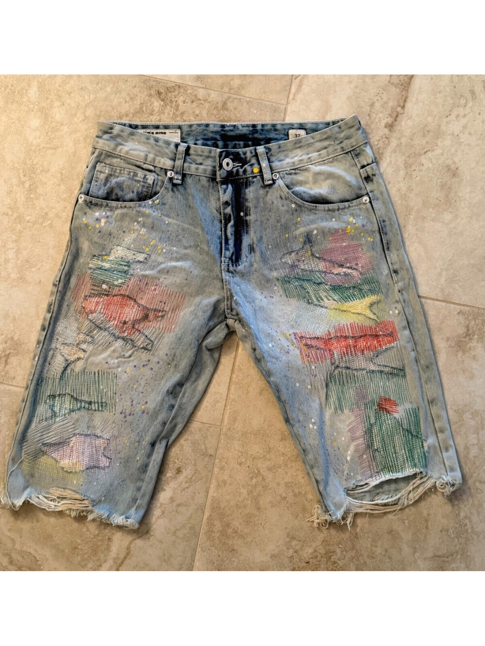 Smoke Rise Jean Shorts Men Size 32x13 Jorts Embroidery Distressed Streetwear Y2K